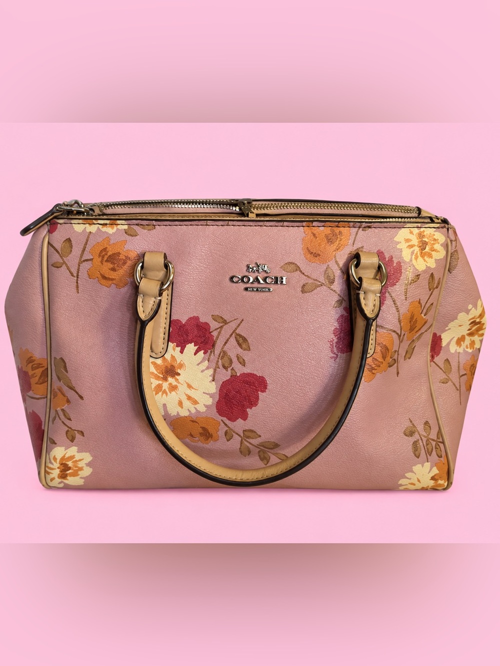 Coach Pink Floral Surrey Carryall Leather Handbag